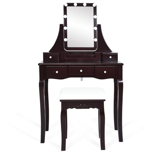 Image of 10 Dimmable Light Bulbs Vanity Dressing Table with 2 Dividers and Cushioned Stool-Coffee
