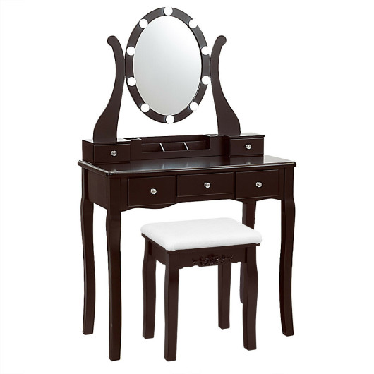 Image of 10 Dimmable Lights Vanity Table Set with Lighted Mirror and Cushioned Stool-Coffee