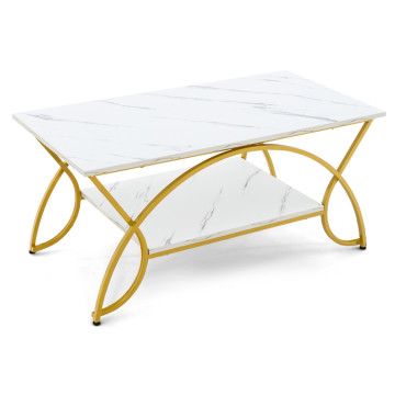 2-Tier Faux Marble Coffee Table with Marble Top and Metal Frame