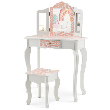 2-in-1 Kids Vanity Table Set with Tri-folding Mirror