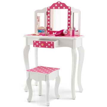Kids Vanity Table and Stool Set with Cute Polka Dot Print