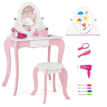 Pretend Kids Vanity Set Makeup Dressing Table with 360° Rotatable Mirror
