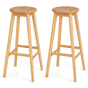 2 Pieces Bamboo Backless Bar Stools with Round Seat and Footrest