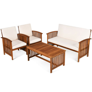 4 Pieces Patio Solid Wood Furniture Set with Water Resistant Cushions