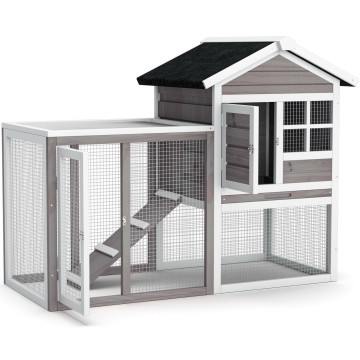 2-Story Wooden Rabbit Hutch with Running Area