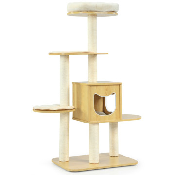 4 Levels Modern Wood Cat Tower with Washable Mats