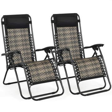 2 Pieces Folding Patio Rattan Zero Gravity Lounge Chair