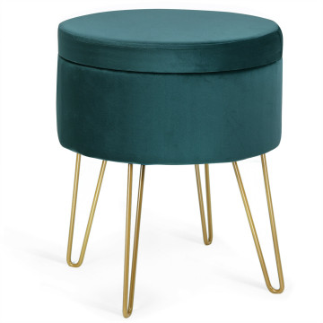 Round Velvet Storage Ottoman Footrest Stool Vanity Chair with Metal Legs
