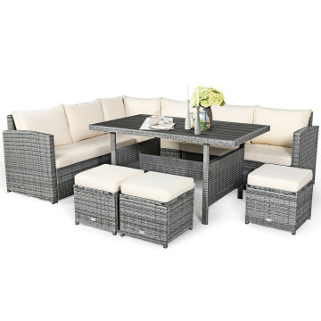 7 Pieces Outdoor Wicker Sectional Sofa Set with Dining Table