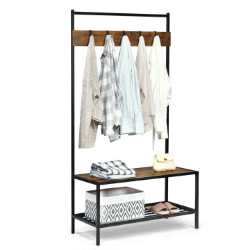 3 in 1 Industrial Coat Rack with 2-tier Storage Bench and 5 Hooks