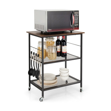 3-Tier Kitchen Serving Cart Utility Standing Microwave Rack with Hooks
