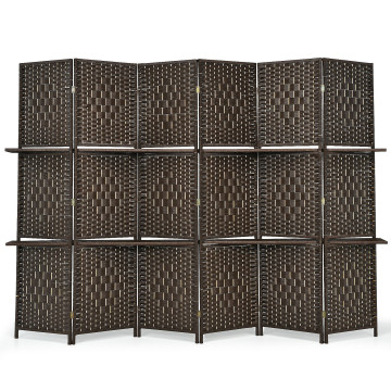 6 Panel Folding Weave Fiber Room Divider with 2 Display Shelves 