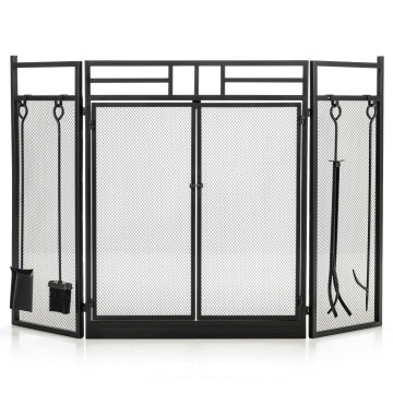 3-Panel Folding Wrought Iron Fireplace Screen with Doors and 4 Pieces Tools Set