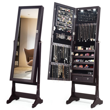 Lockable Mirrored Jewelry Cabinet with Stand and 2 LED Lights