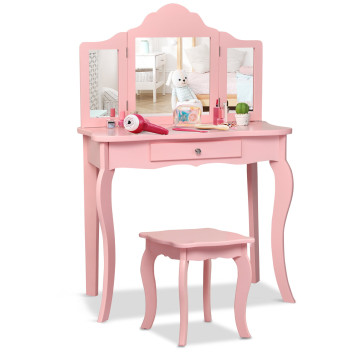 Kids Dressing Vanity Set with Tri-Folding Mirror and Stool