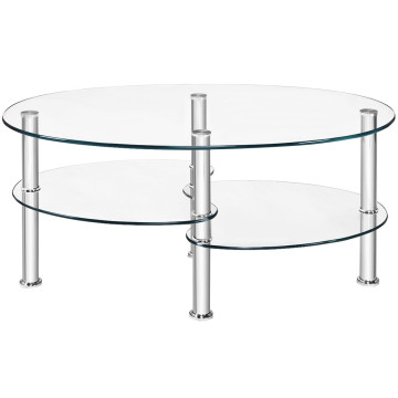 jeffordoutlet Modern Home Oval Tempered Glass Coffee Table,Living Room Black Stainless Easy Assemble Low 3 Tier Side Table 