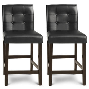 Set of 2 PVC Leather Bar Stools with Solid Wood Legs