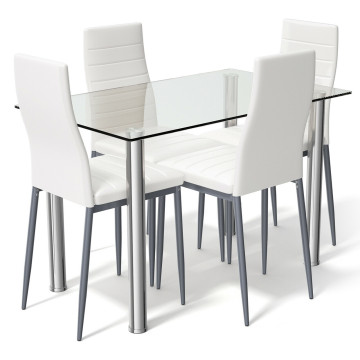Simple Design 5 Pieces Dining Set with Tempered Glass Top and 4 PVC Leather Chairs