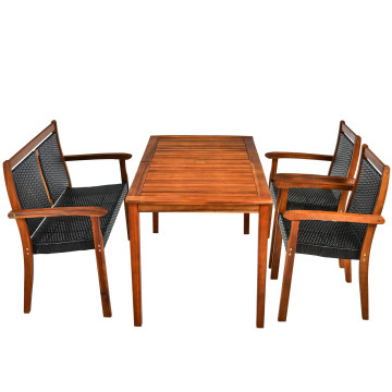 4 Pieces Acacia Wood Patio Rattan Dining Furniture Set