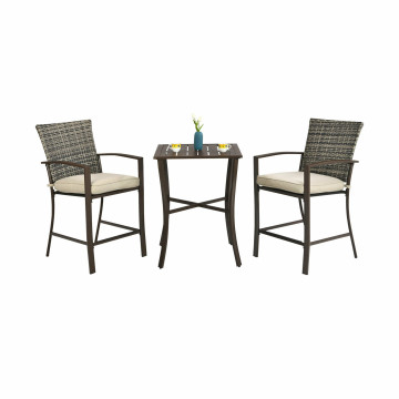 3 Pieces Rattan Bar Furniture Set with Slat Table and 2 Cushioned Stools