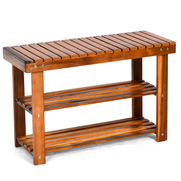 Freestanding Wood Bench with 3-Tier Storage Shelves