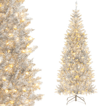 6/7 Feet Pre-Lit Artificial Silver Tinsel Xmas Tree with 790 Branch Tips and 300 LED Lights