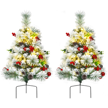 Set of 2 Outdoor 24 Inch Battery Powered Pre-lit Pathway Flocked Christmas Trees