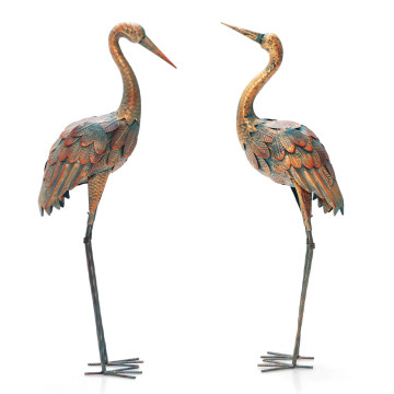 Set of 2 Crane Garden Statues Standing Metal Crane Sculptures Bird