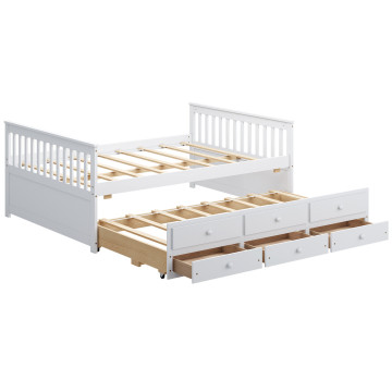 Full Size Wood Daybed Frame with Trundle Bed and 3 Storage Drawers