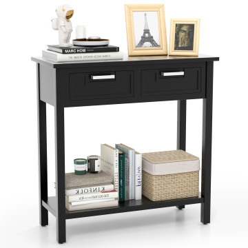 Narrow Console Table with Drawers and Open Storage Shelf