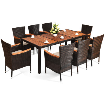 9 Pieces Ratten Dining Set with Acacia Wood Table and Stackable Cushioned Chairs