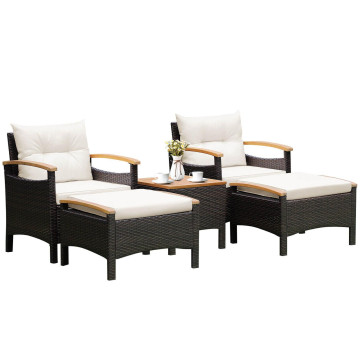 5 Pieces Patio Conversation Set with Cushions Coffee Table and 2 Ottomans