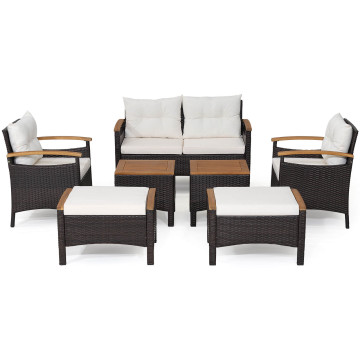7 Piece Rattan Patio Sofa Set with Acacia Wood Tabletop and Armrests