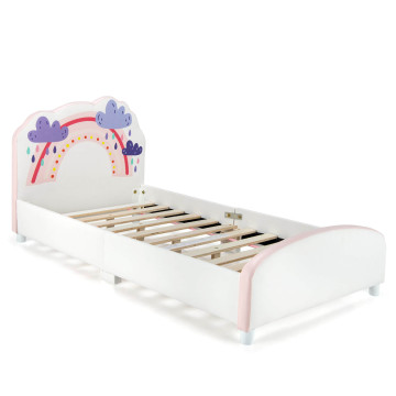 Kids Twin Size Upholstered Platform Wooden Bed with Rainbow Pattern