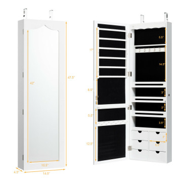 Lockable Wall Mounted Mirror Jewelry Armoire with 5 LEDs and 6 Drawers