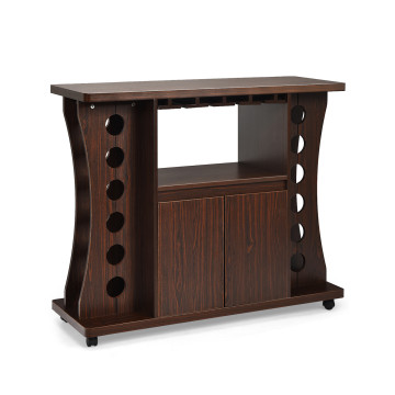 Rolling Buffet Sideboard Wooden Bar Storage Cabinet
