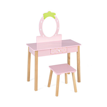2-in-1 Children Vanity Table Stool Set with Mirror