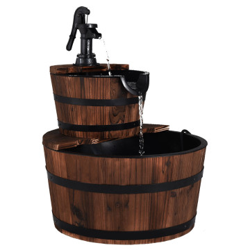 2-Tiers Outdoor Wooden Barrel Waterfall Fountain with Pump