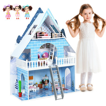 Wooden Dollhouse 3-Story Pretend Playset with Furniture and Doll Gift for Age 3+ Year