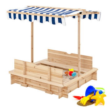 Kids Wooden Sandbox with Canopy and Foldable Bench Seats