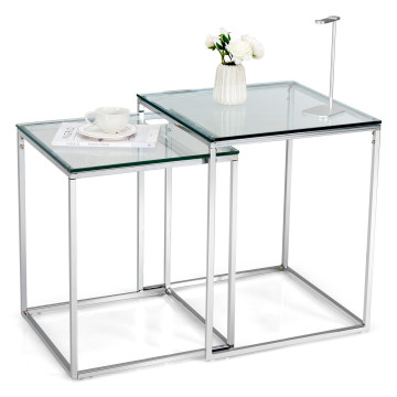 2 Pieces Modern Nesting Coffee Table with Tempered Glass Top and Steel Frame