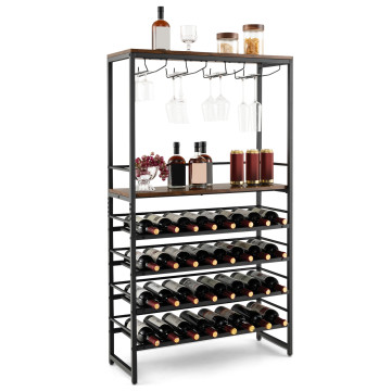 Freestanding Wine Bakers Rack with 4-Tier Wine Storage and 4 Rows of Stemware Racks