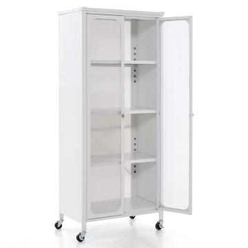 Glass Doors Storage Cabinet with Wheels and Adjustable Shelves