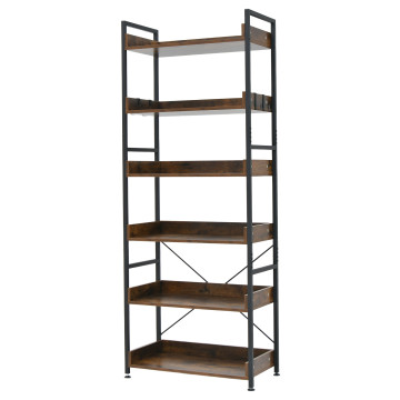 6-Tier Tall Industrial Bookcase with Open Shelves and 4 Hooks