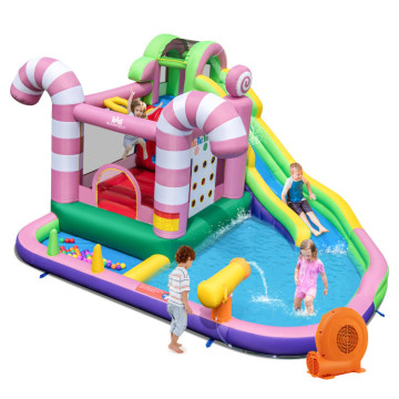 9-in-1 Inflatable Sweet Candy Water Slide Park with 750W Blower