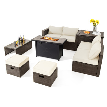 9 Pieces Outdoor Patio Furniture Set with 42 Inch Propane Fire Pit Table