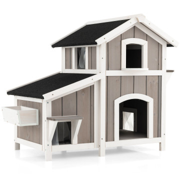 Outdoor 2-Story Wooden Feral Cat House with Escape Door