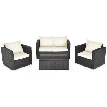 4 Pieces Patio Rattan Conversation Set with Padded Cushion