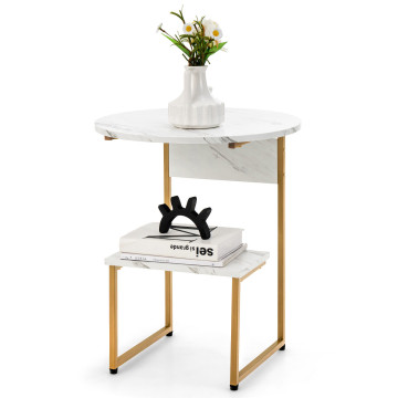 Faux Marble End Table with Round Tabletop and Square Shelf