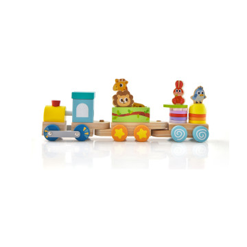Wooden Stackable Educational Train Set with Colorful Animal Toys and Retractable Locomotive